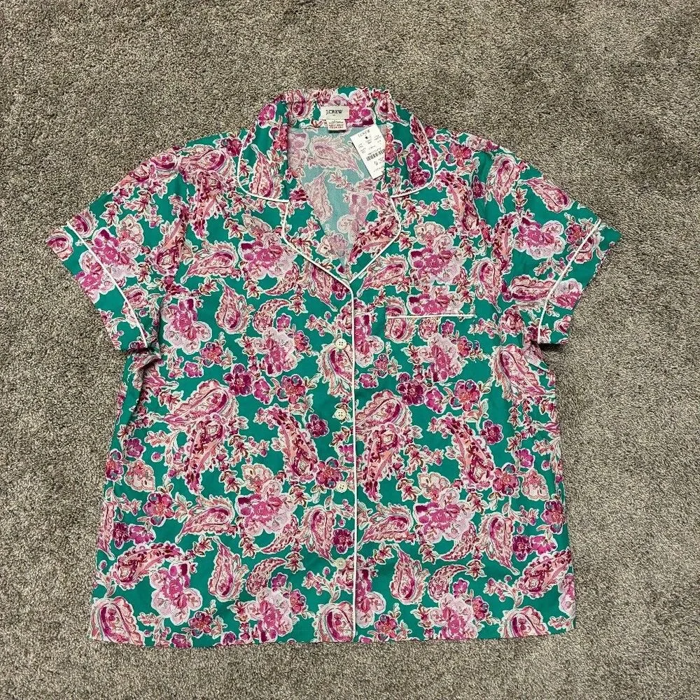 J.Crew Womens L Pajama Top Short Sleeve 100% Cotton Pink Paisley White Trim NWT